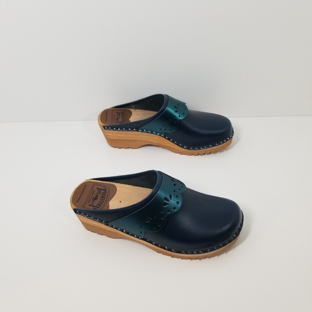 Troentorp Blue Leather Handmade Slip On Clogs